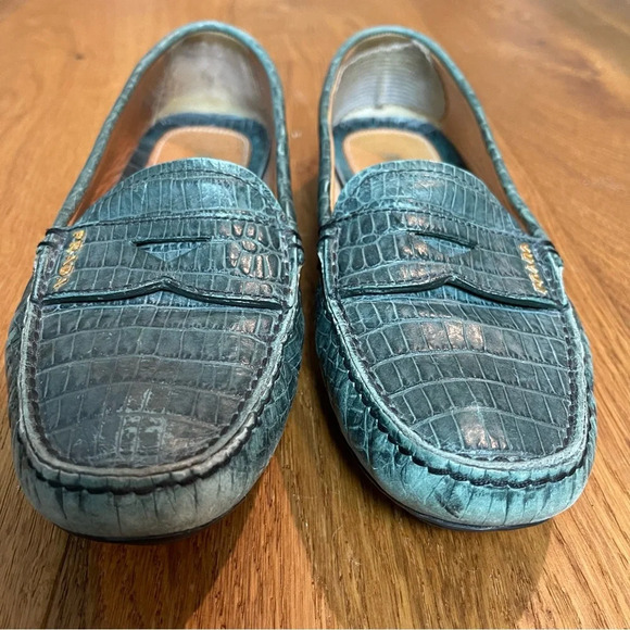 Prada Green Crocodile Embossed Leather Penny Loafer Size EU 37 = US 7 - Picture 3 of 12